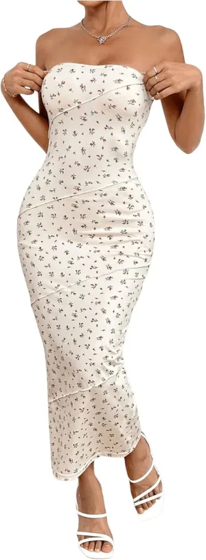 SOLY HUX Women's Disty Floral Print Bodycon Tube Dress Strapless Long Pencil Dresses