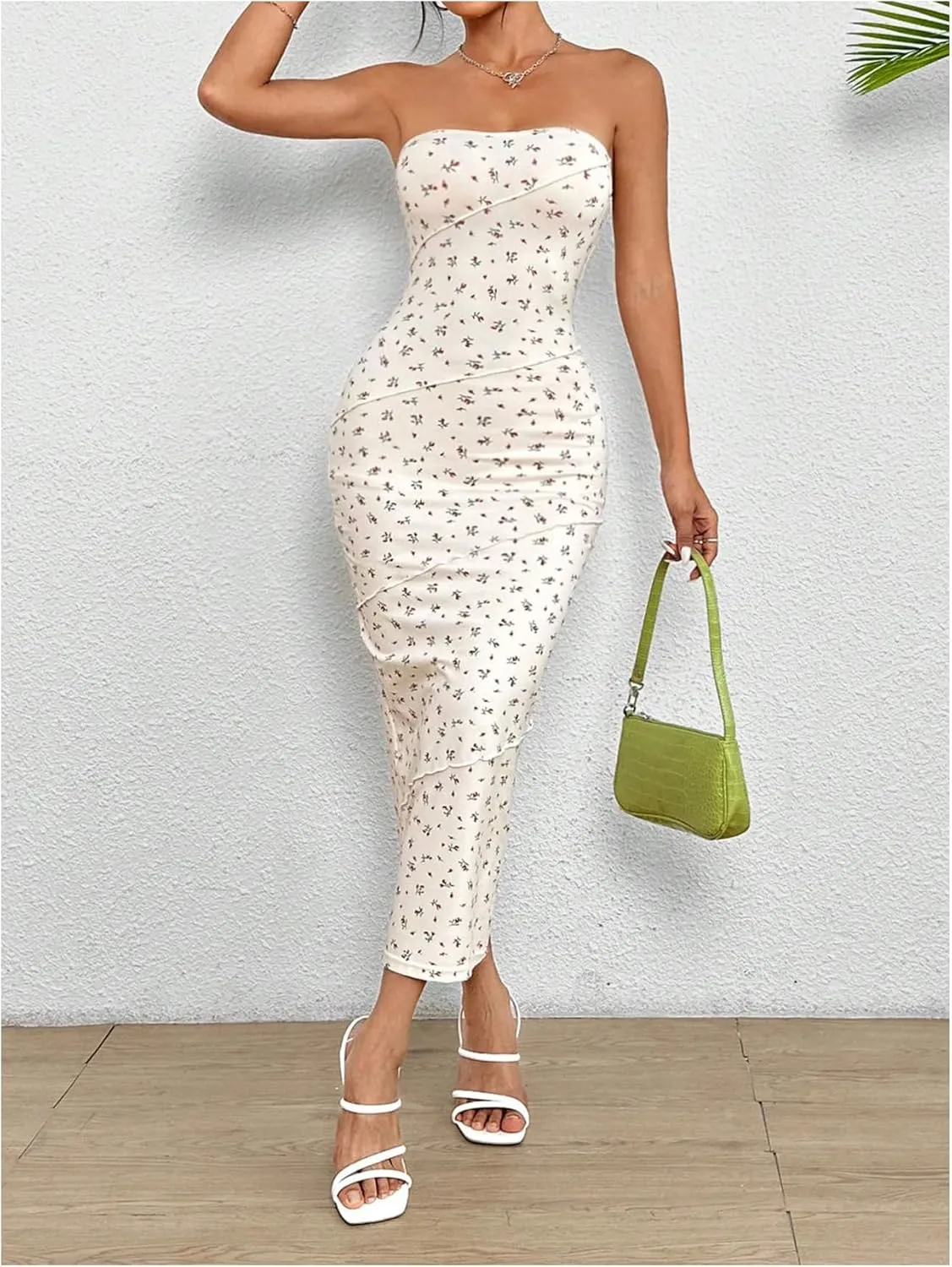 SOLY HUX Women's Disty Floral Print Bodycon Tube Dress Strapless Long Pencil Dresses