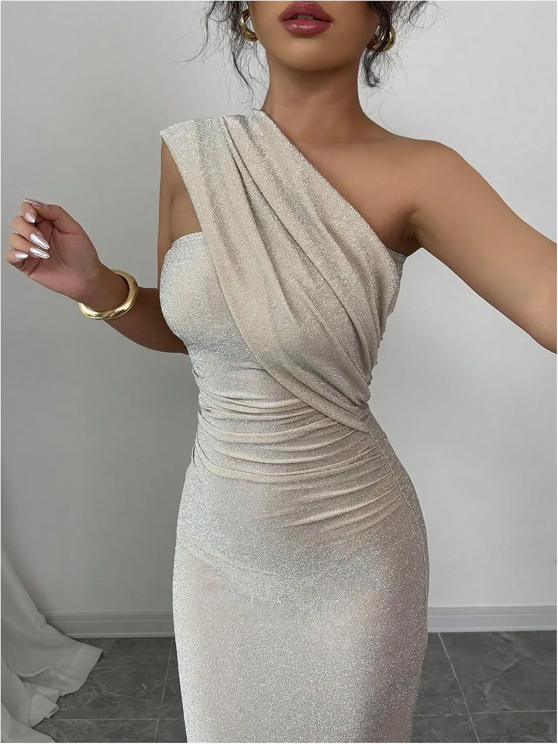SOLY HUX Women's One Shoulder Glitter Dress Ruched Split Hem Bodycon Maxi Cocktail Party Dresses
