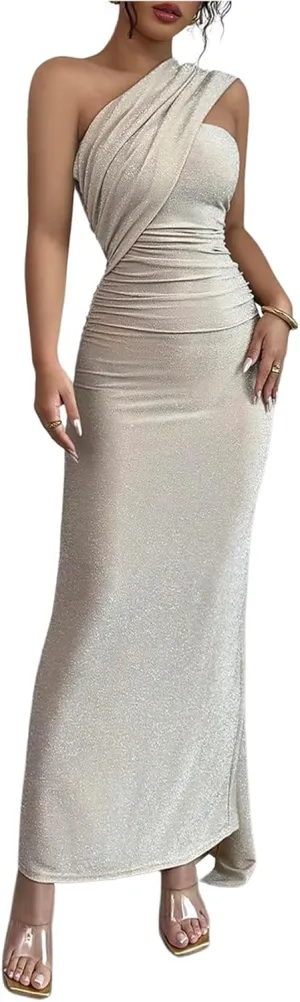 SOLY HUX Women's One Shoulder Glitter Dress Ruched Split Hem Bodycon Maxi Cocktail Party Dresses