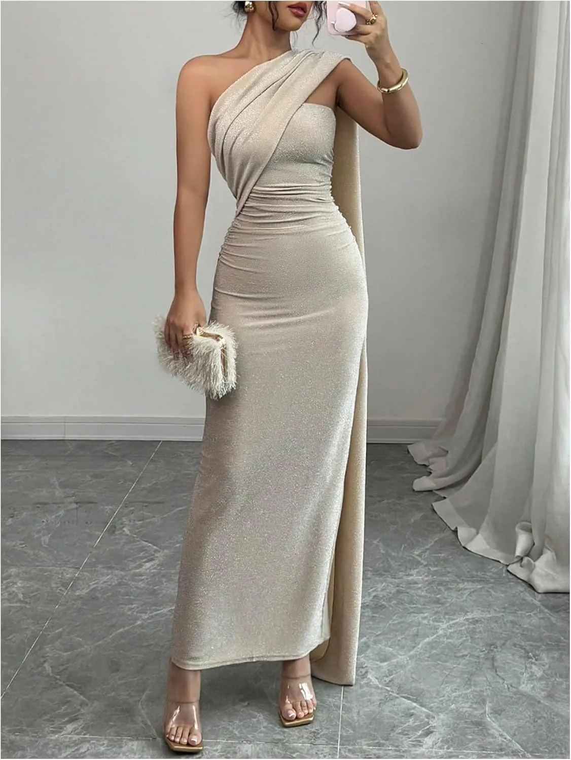 SOLY HUX Women's One Shoulder Glitter Dress Ruched Split Hem Bodycon Maxi Cocktail Party Dresses