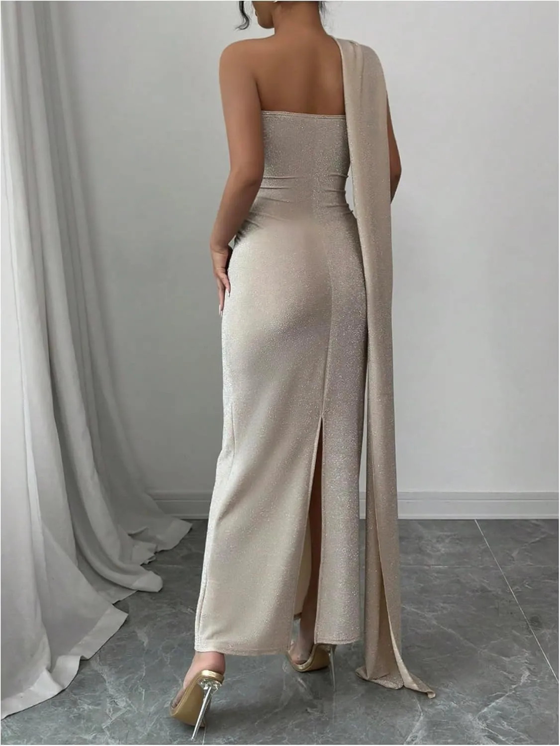 SOLY HUX Women's One Shoulder Glitter Dress Ruched Split Hem Bodycon Maxi Cocktail Party Dresses