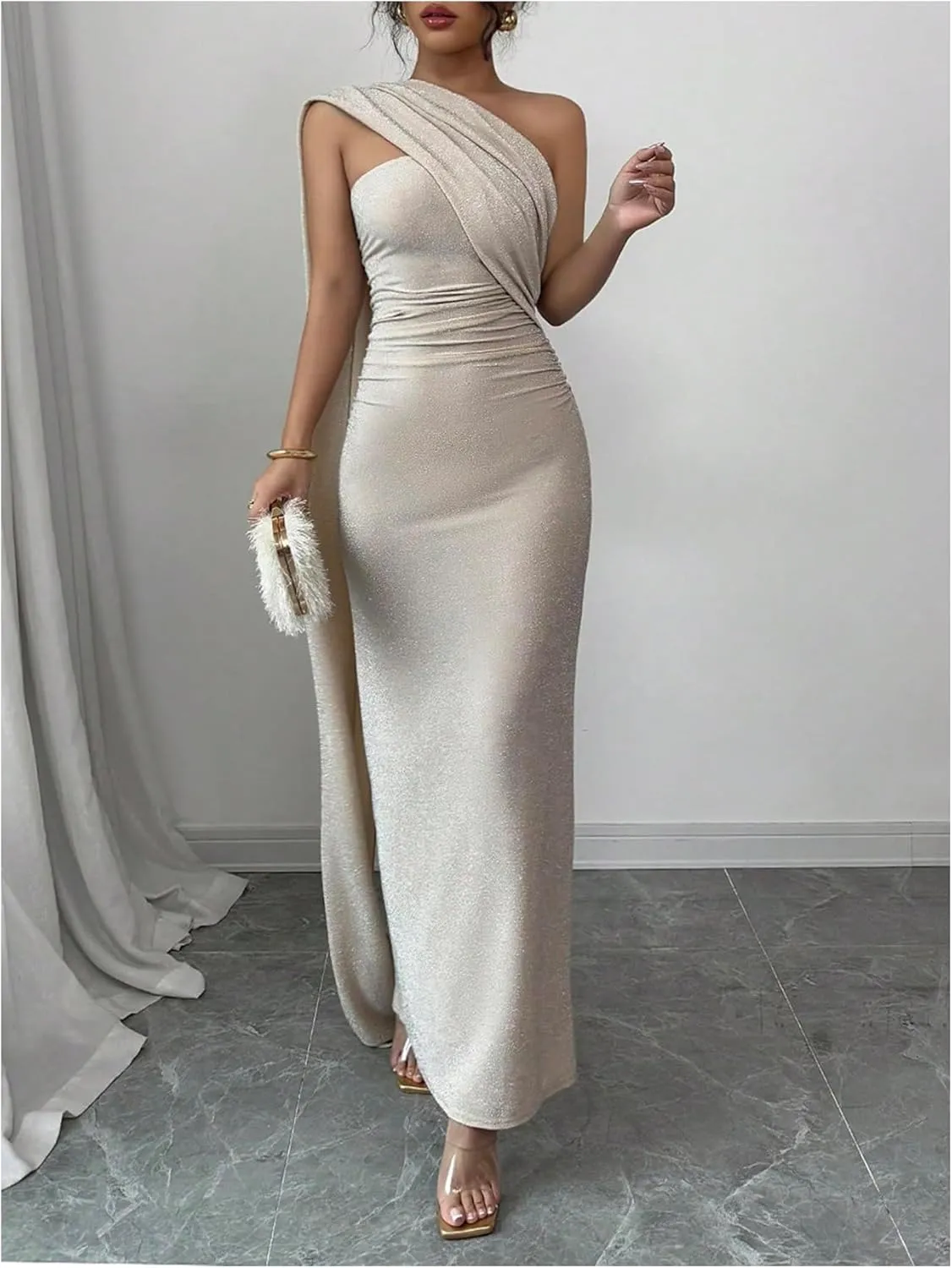 SOLY HUX Women's One Shoulder Glitter Dress Ruched Split Hem Bodycon Maxi Cocktail Party Dresses