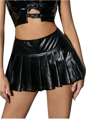 SOLY HUX Women's Y2k Pleated Mini Skirt PU Leather A Line Party Clubwear Skirt