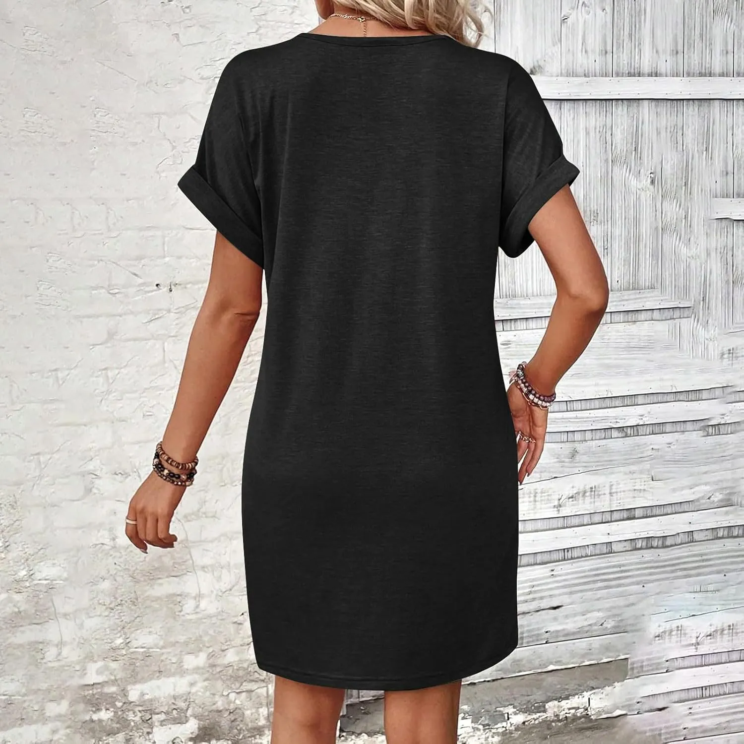 Spring Dresses for Women 2025 Short Sleeve V-Neck Mini Sundress Casual Solid Color Button Summer Tshirt Dress