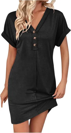 Spring Dresses for Women 2025 Short Sleeve V-Neck Mini Sundress Casual Solid Color Button Summer Tshirt Dress