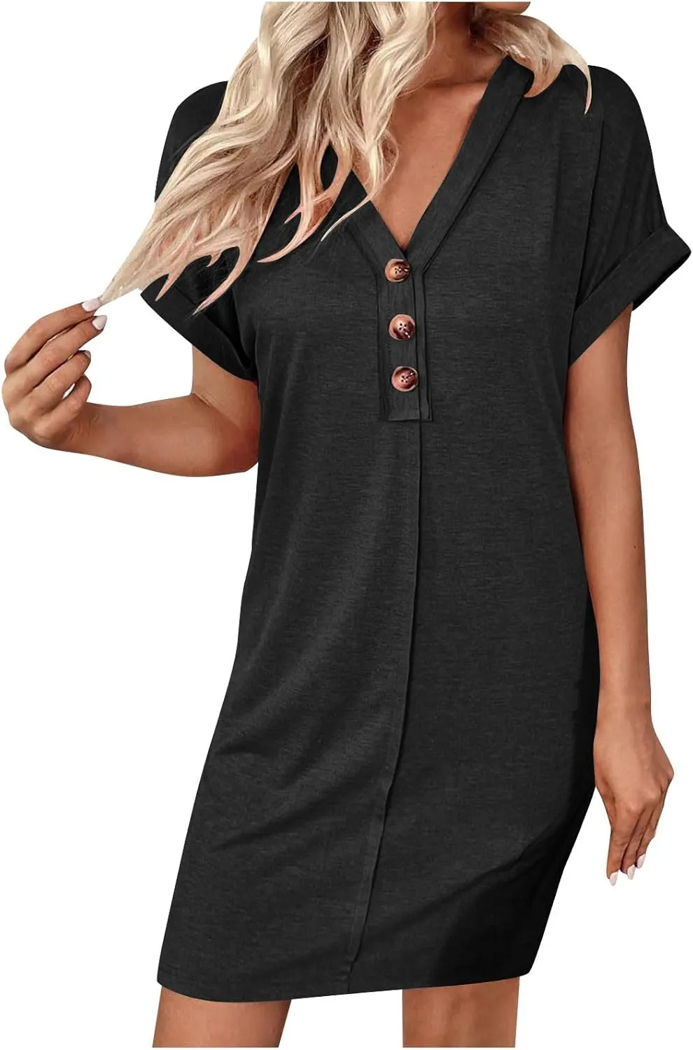 Spring Dresses for Women 2025 Short Sleeve V-Neck Mini Sundress Casual Solid Color Button Summer Tshirt Dress
