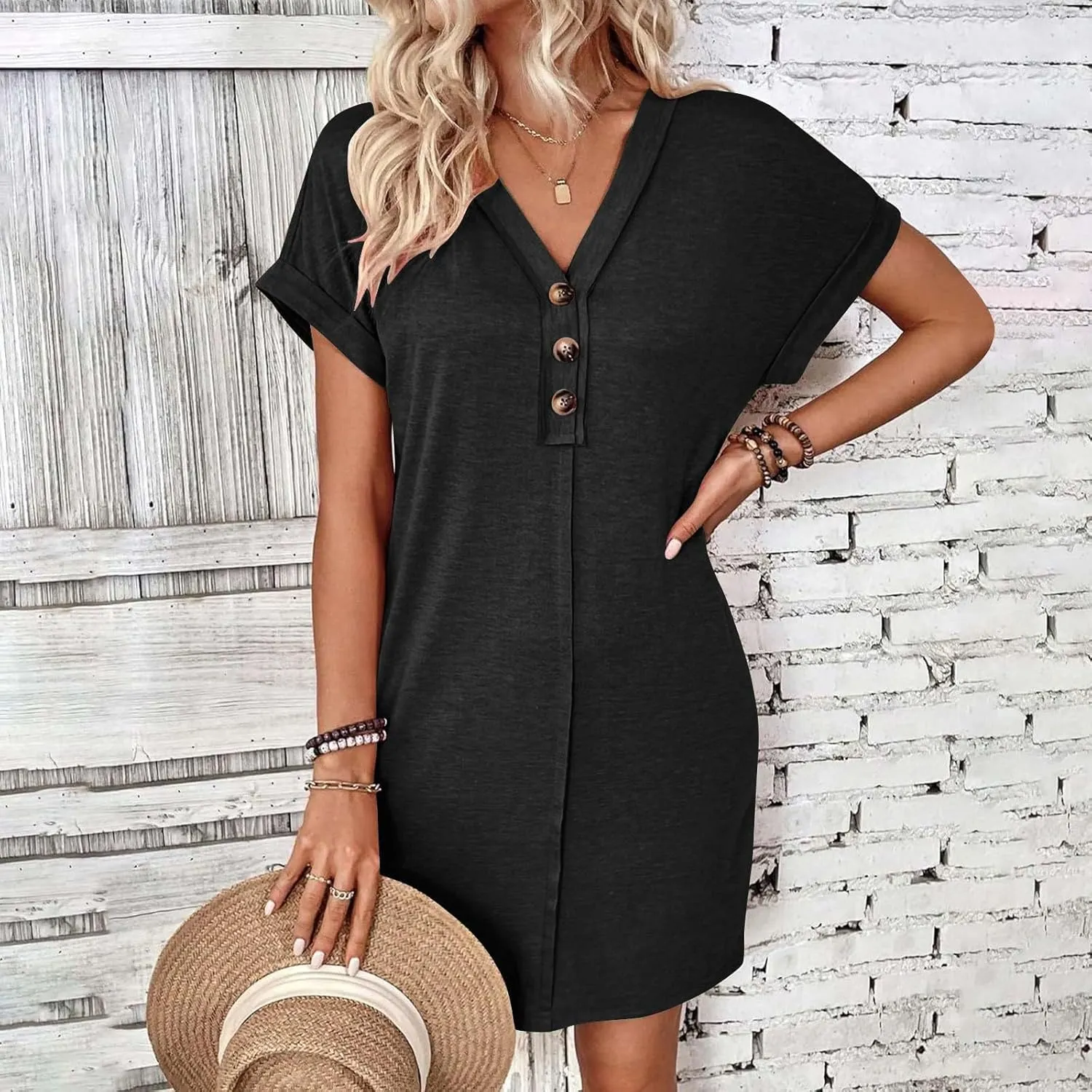 Spring Dresses for Women 2025 Short Sleeve V-Neck Mini Sundress Casual Solid Color Button Summer Tshirt Dress