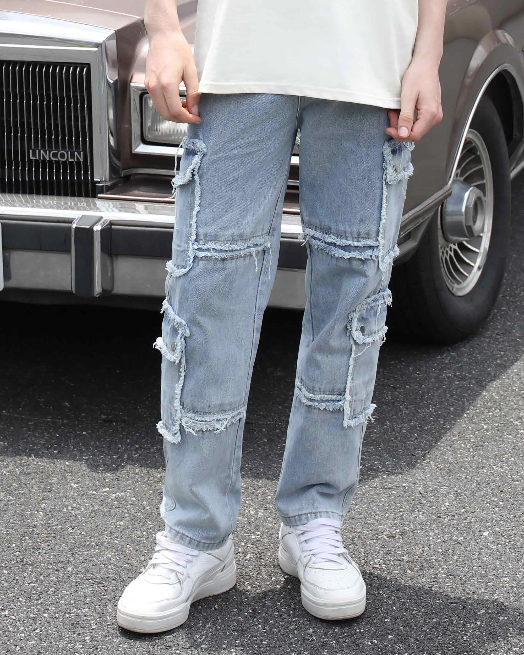 Street Style Men's Fringed Edge Blue Jeans with Fringed Detailing-Mexico Local Delivery