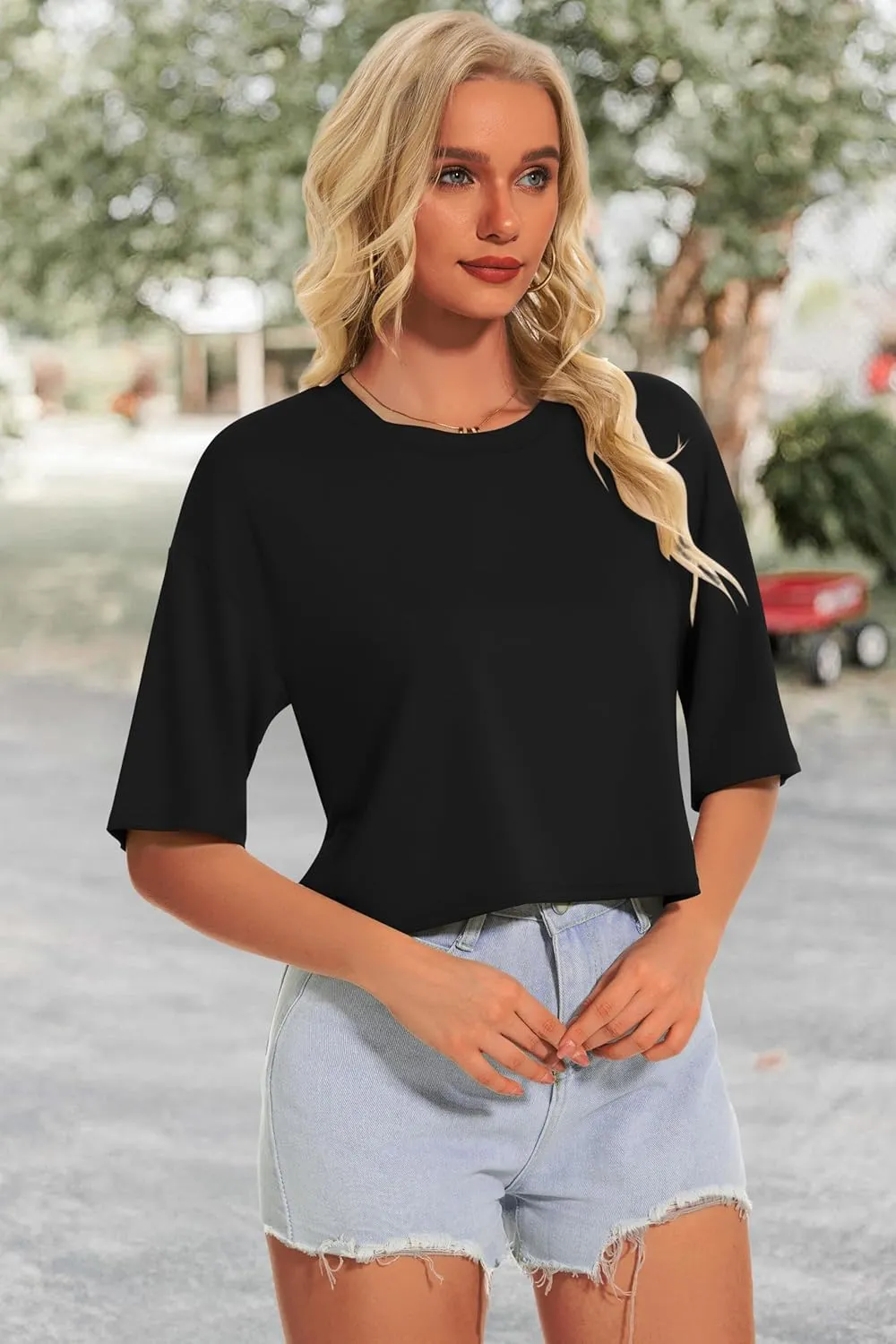 Summer Crop Tops for Womens Casual Half Sleeve Top Loose Fit Short Sleeve T Shirts Workout Oversized Tees