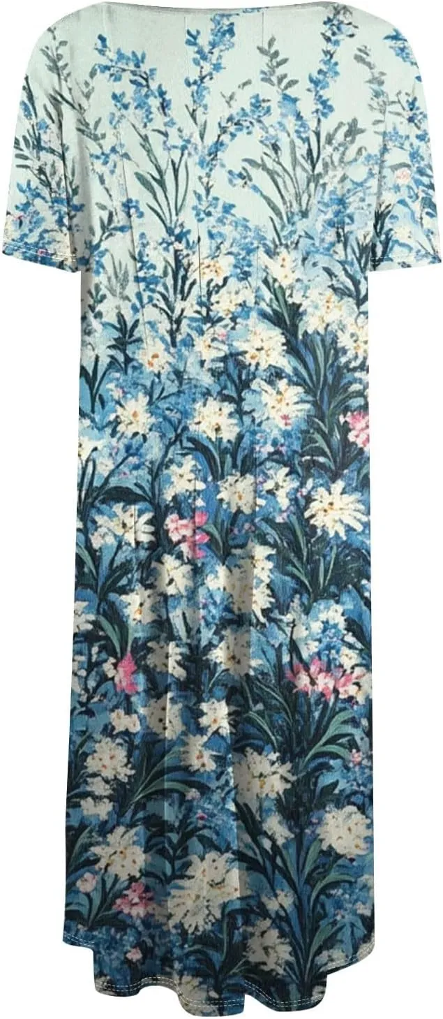 Summer Dresses for Women 2025 Empire Waist Crewneck Short Sleeve Midi Sun Dress Vacation A Line Dress Side Pockets