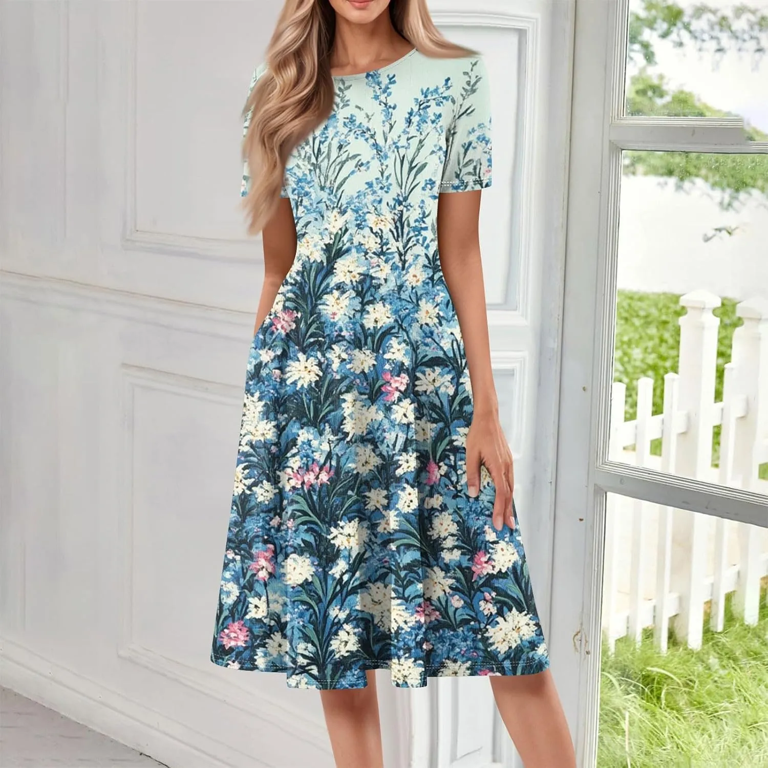 Summer Dresses for Women 2025 Empire Waist Crewneck Short Sleeve Midi Sun Dress Vacation A Line Dress Side Pockets