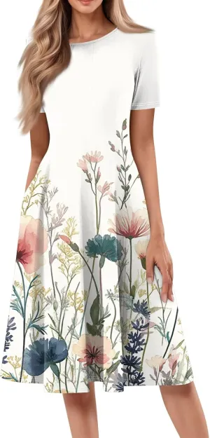 Summer Dresses for Women 2025 Empire Waist Crewneck Short Sleeve Midi Sun Dress Vacation A Line Dress Side Pockets