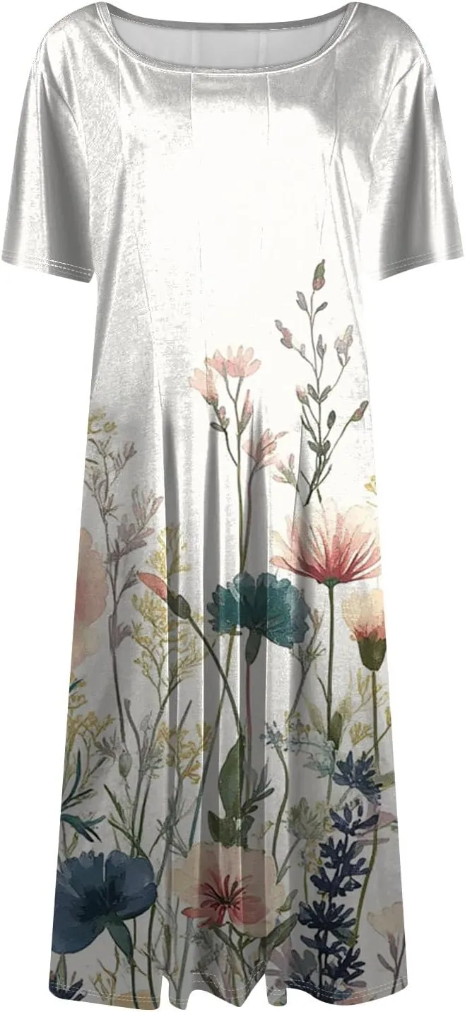Summer Dresses for Women 2025 Empire Waist Crewneck Short Sleeve Midi Sun Dress Vacation A Line Dress Side Pockets