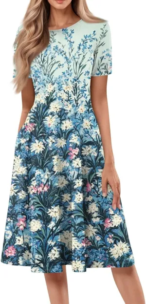 Summer Dresses for Women 2025 Empire Waist Crewneck Short Sleeve Midi Sun Dress Vacation A Line Dress Side Pockets