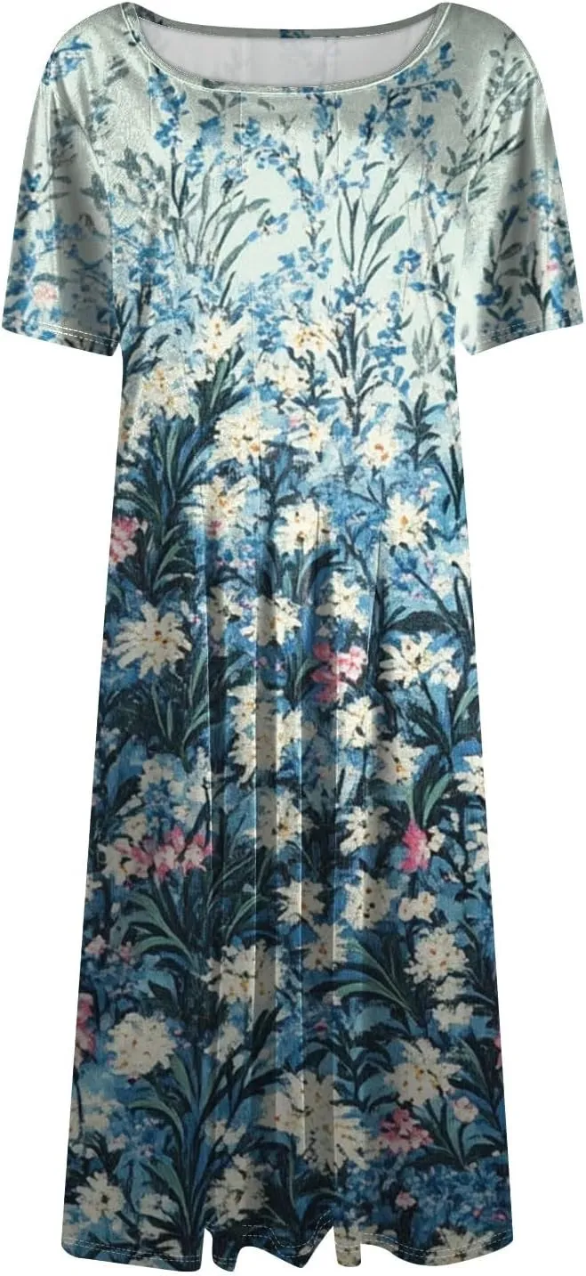 Summer Dresses for Women 2025 Empire Waist Crewneck Short Sleeve Midi Sun Dress Vacation A Line Dress Side Pockets