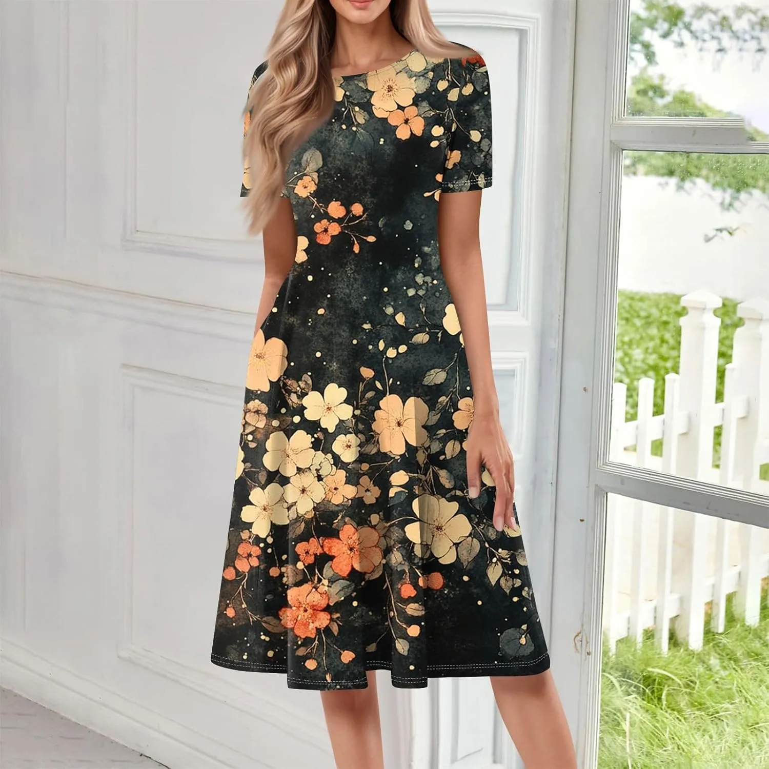 Summer Dresses for Women 2025 Midi Sun Dress Vacation Crewneck Short Sleeve Empire Waist A Line Dress Side Pockets