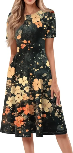 Summer Dresses for Women 2025 Midi Sun Dress Vacation Crewneck Short Sleeve Empire Waist A Line Dress Side Pockets