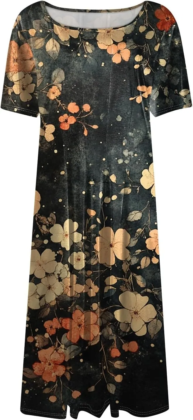 Summer Dresses for Women 2025 Midi Sun Dress Vacation Crewneck Short Sleeve Empire Waist A Line Dress Side Pockets