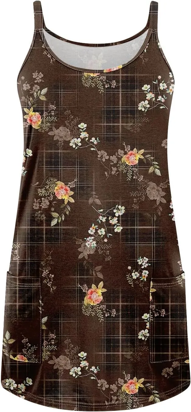 Summer Dresses for Women 2025 Spaghetti Strap Casual Beach Cover Up Sundress Floral Print A Line Dresses with Pockets