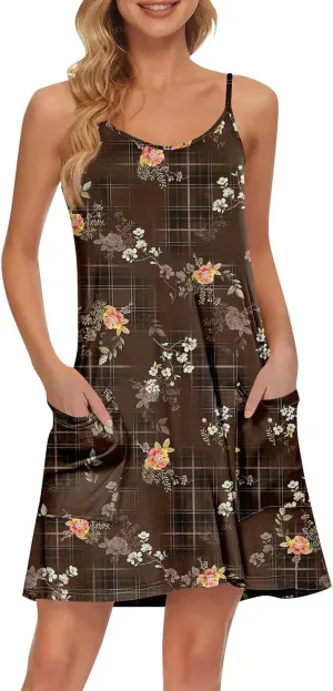 Summer Dresses for Women 2025 Spaghetti Strap Casual Beach Cover Up Sundress Floral Print A Line Dresses with Pockets