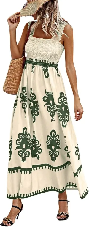 Summer Dresses for Women 2025 Square Neck Sleeveless Casual Boho Floral High Waist Slit Travel Vacation Sundress