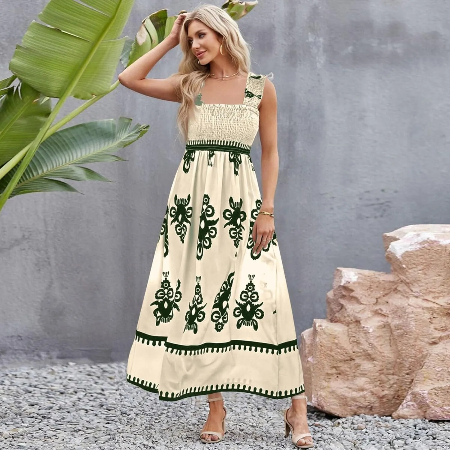 Summer Dresses for Women 2025 Square Neck Sleeveless Casual Boho Floral High Waist Slit Travel Vacation Sundress