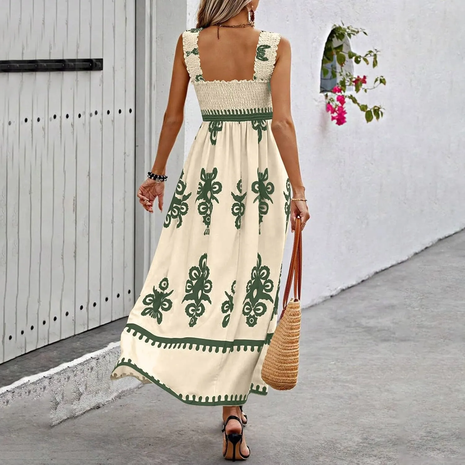 Summer Dresses for Women 2025 Square Neck Sleeveless Casual Boho Floral High Waist Slit Travel Vacation Sundress
