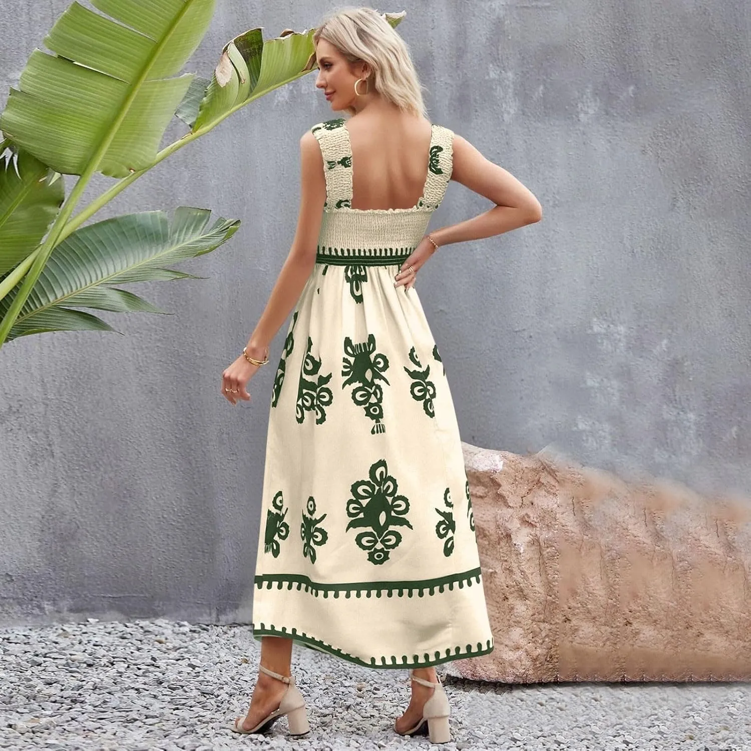 Summer Dresses for Women 2025 Square Neck Sleeveless Casual Boho Floral High Waist Slit Travel Vacation Sundress