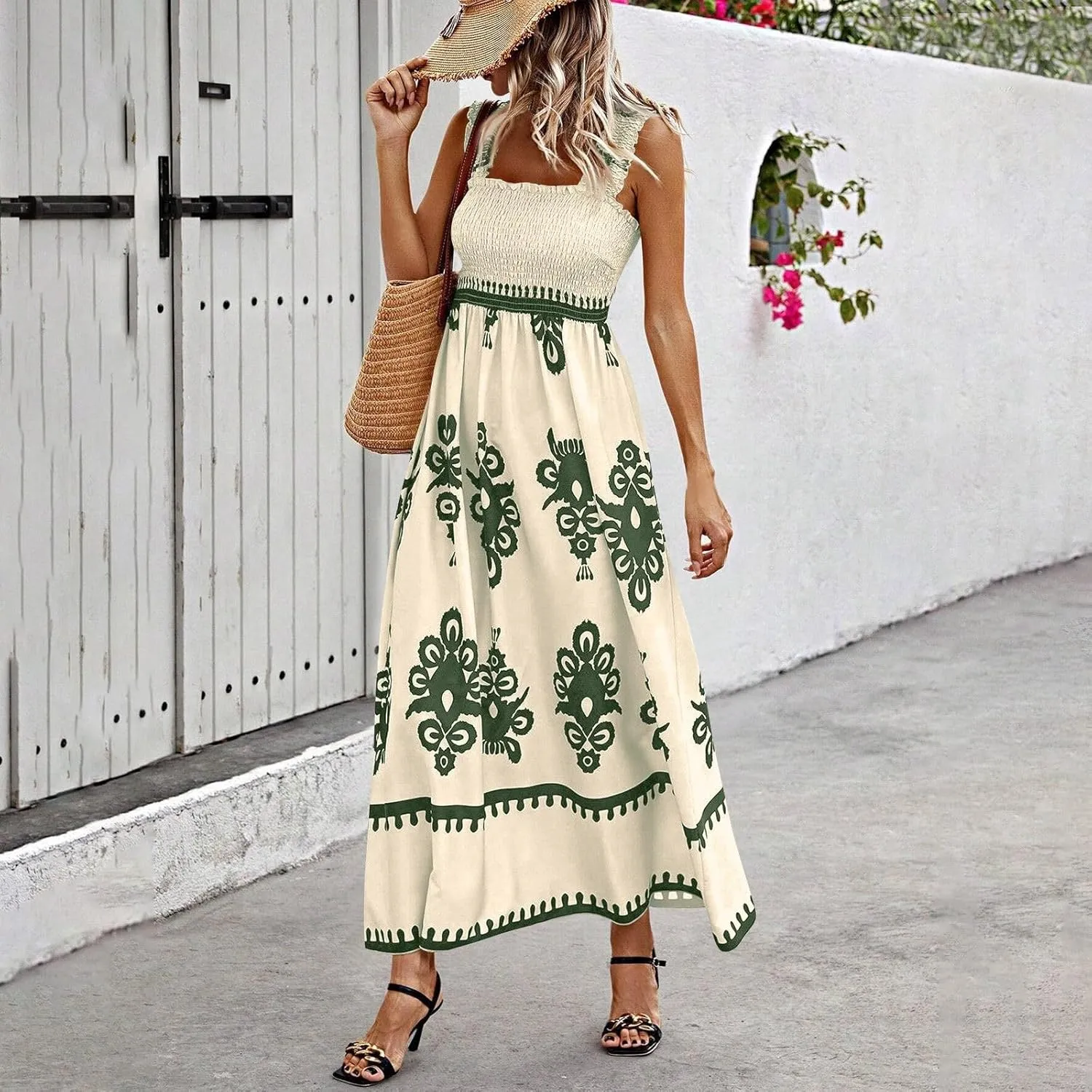 Summer Dresses for Women 2025 Square Neck Sleeveless Casual Boho Floral High Waist Slit Travel Vacation Sundress