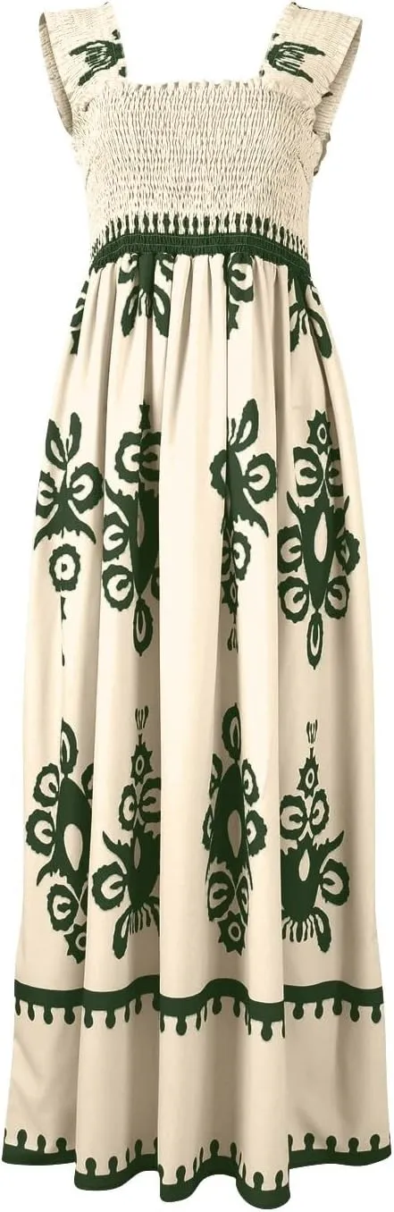 Summer Dresses for Women 2025 Square Neck Sleeveless Casual Boho Floral High Waist Slit Travel Vacation Sundress