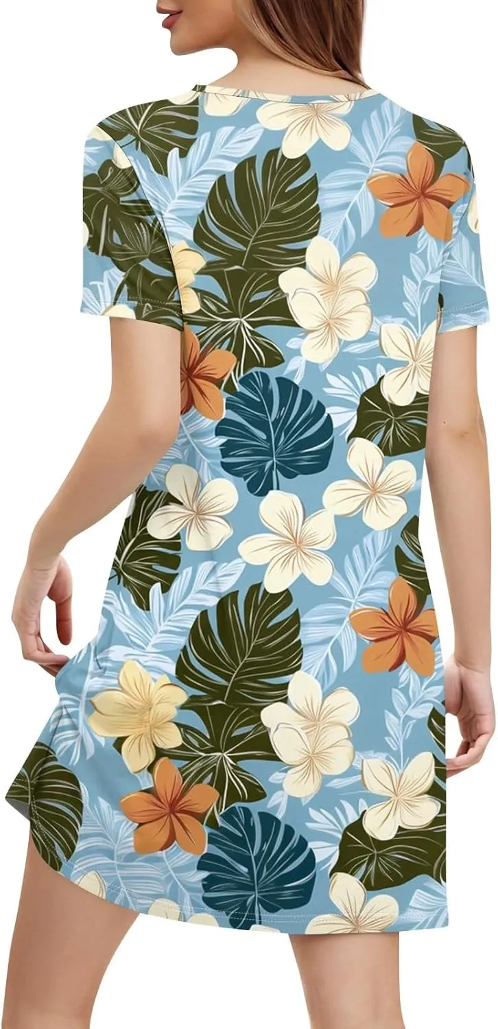 Summer Dresses for Women Casual Flowy Beach Swing Dress Short Sleeve Floral Sundress Beach Cover Ups with Pockets