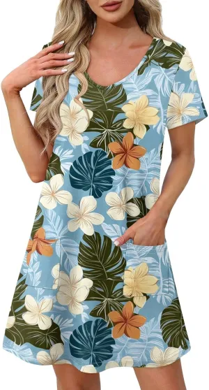 Summer Dresses for Women Casual Flowy Beach Swing Dress Short Sleeve Floral Sundress Beach Cover Ups with Pockets