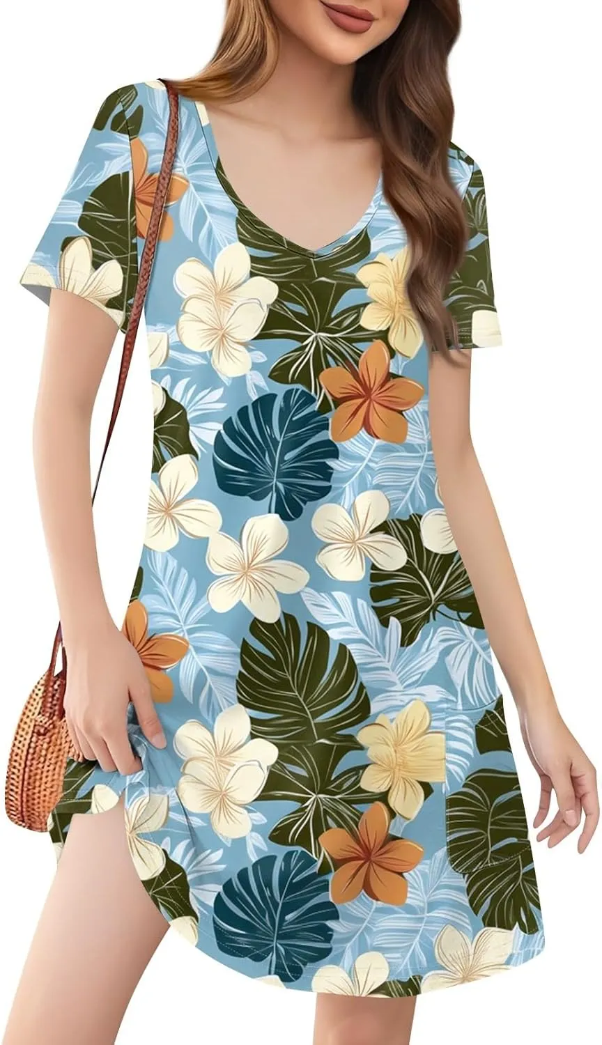 Summer Dresses for Women Casual Flowy Beach Swing Dress Short Sleeve Floral Sundress Beach Cover Ups with Pockets
