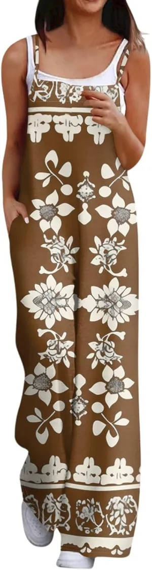 Summer Jumpsuits for Women 2025 Ethnic Aztec Daisy Prints Beach Vacation Overalls Wide Leg Summer Trendy Rompers