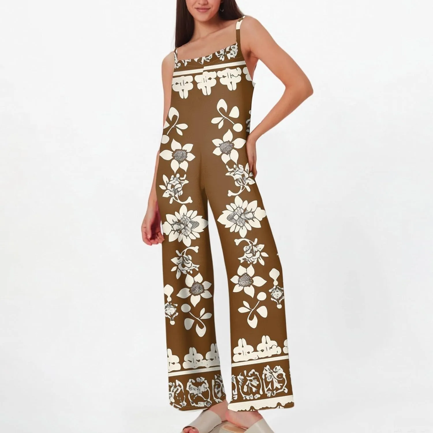 Summer Jumpsuits for Women 2025 Ethnic Aztec Daisy Prints Beach Vacation Overalls Wide Leg Summer Trendy Rompers