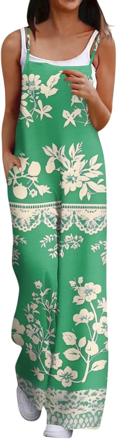Summer Jumpsuits for Women 2025 Ethnic Aztec Daisy Prints Beach Vacation Overalls Wide Leg Summer Trendy Rompers