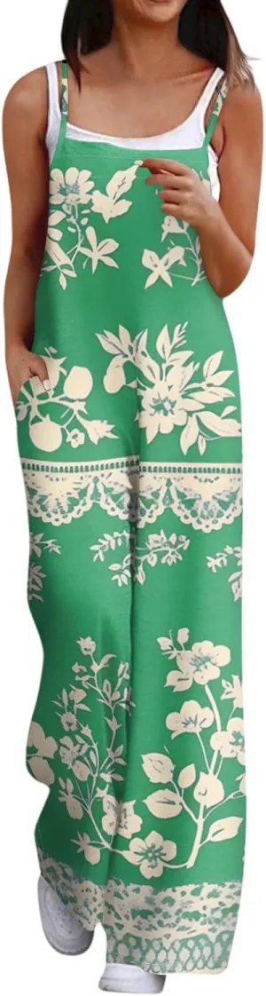 Summer Jumpsuits for Women 2025 Ethnic Aztec Daisy Prints Beach Vacation Overalls Wide Leg Summer Trendy Rompers