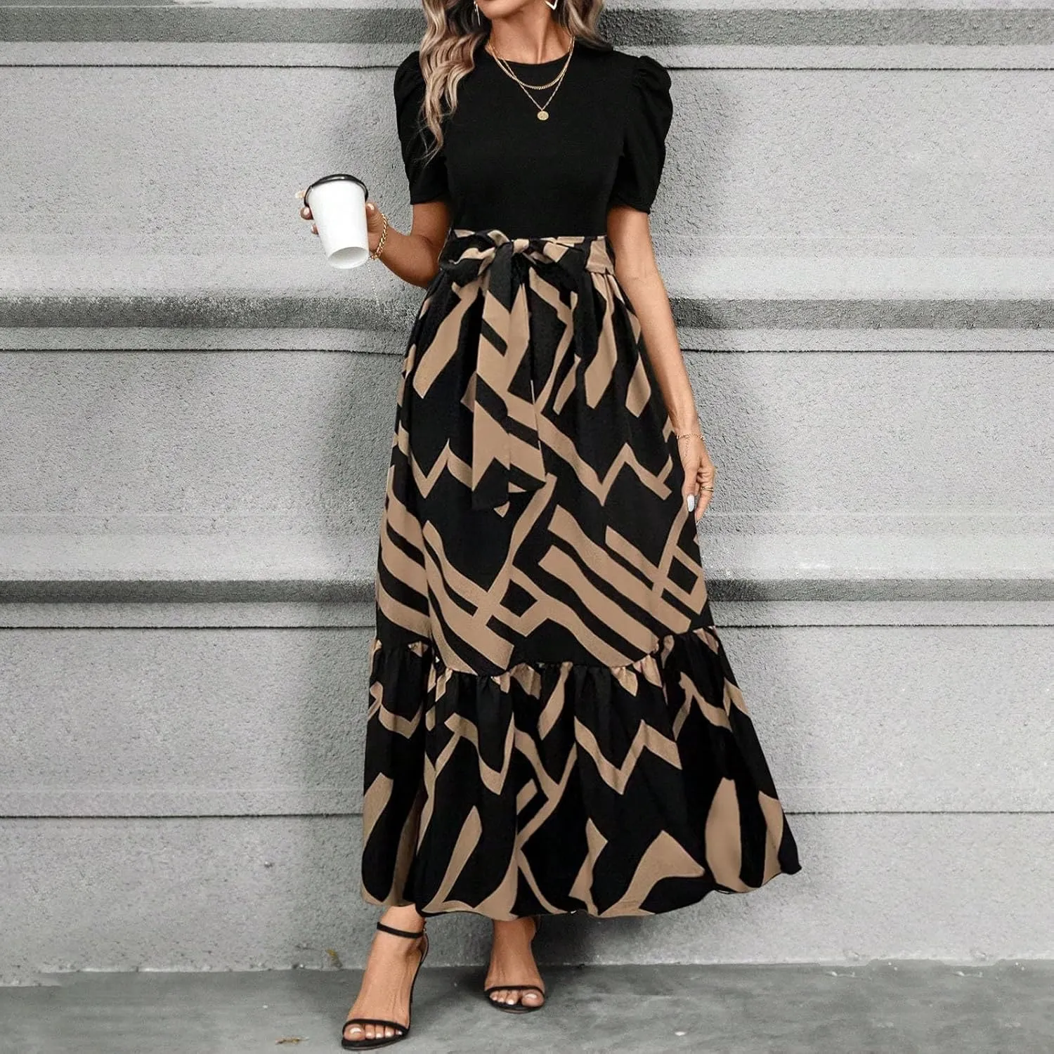 Summer Maxi Dresses for Women 2025 Wedding Guest Puff Sleeve Tie Waist Belted Patchwork A Line Swing Dress