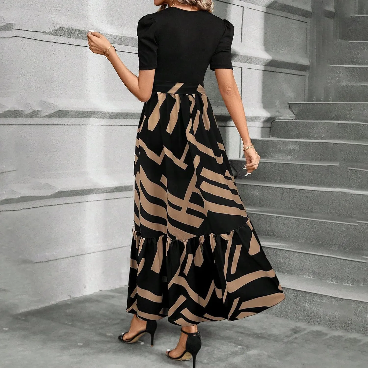 Summer Maxi Dresses for Women 2025 Wedding Guest Puff Sleeve Tie Waist Belted Patchwork A Line Swing Dress