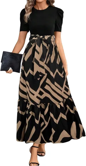 Summer Maxi Dresses for Women 2025 Wedding Guest Puff Sleeve Tie Waist Belted Patchwork A Line Swing Dress