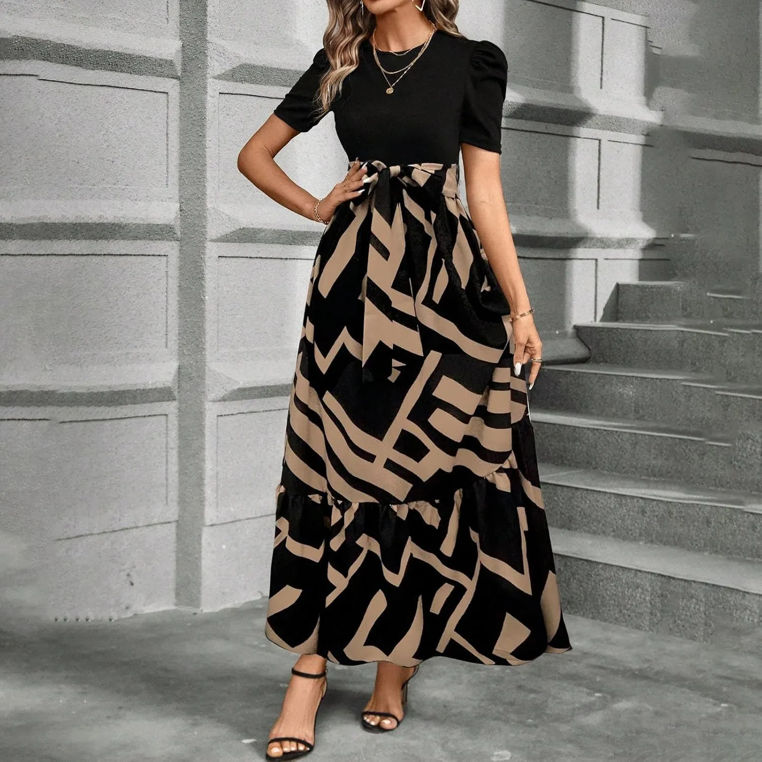 Summer Maxi Dresses for Women 2025 Wedding Guest Puff Sleeve Tie Waist Belted Patchwork A Line Swing Dress