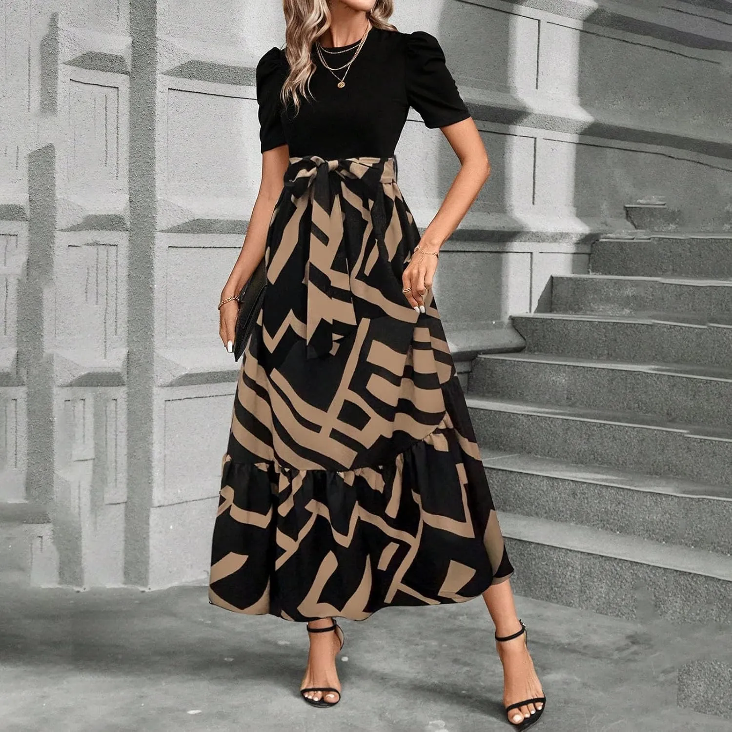 Summer Maxi Dresses for Women 2025 Wedding Guest Puff Sleeve Tie Waist Belted Patchwork A Line Swing Dress