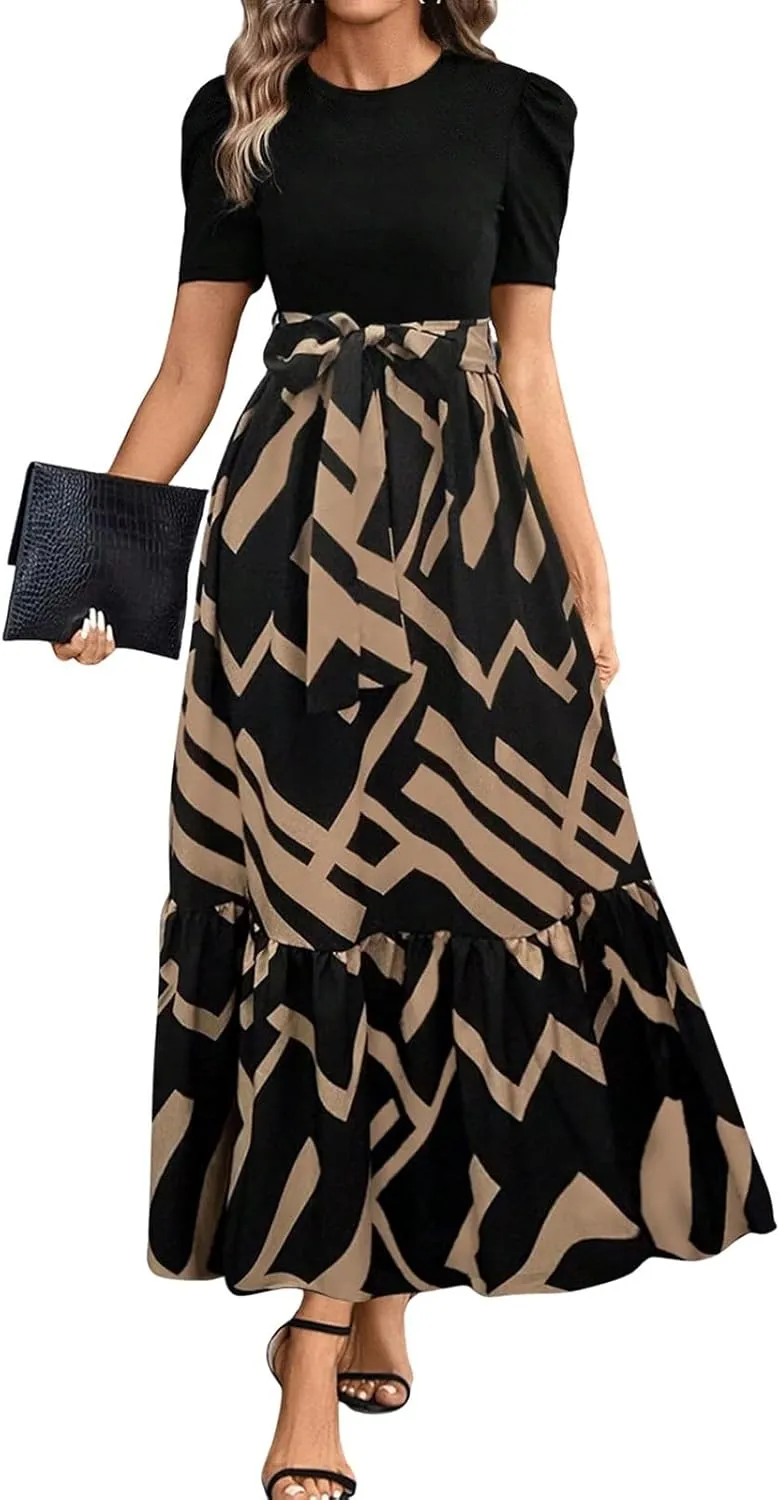 Summer Maxi Dresses for Women 2025 Wedding Guest Puff Sleeve Tie Waist Belted Patchwork A Line Swing Dress