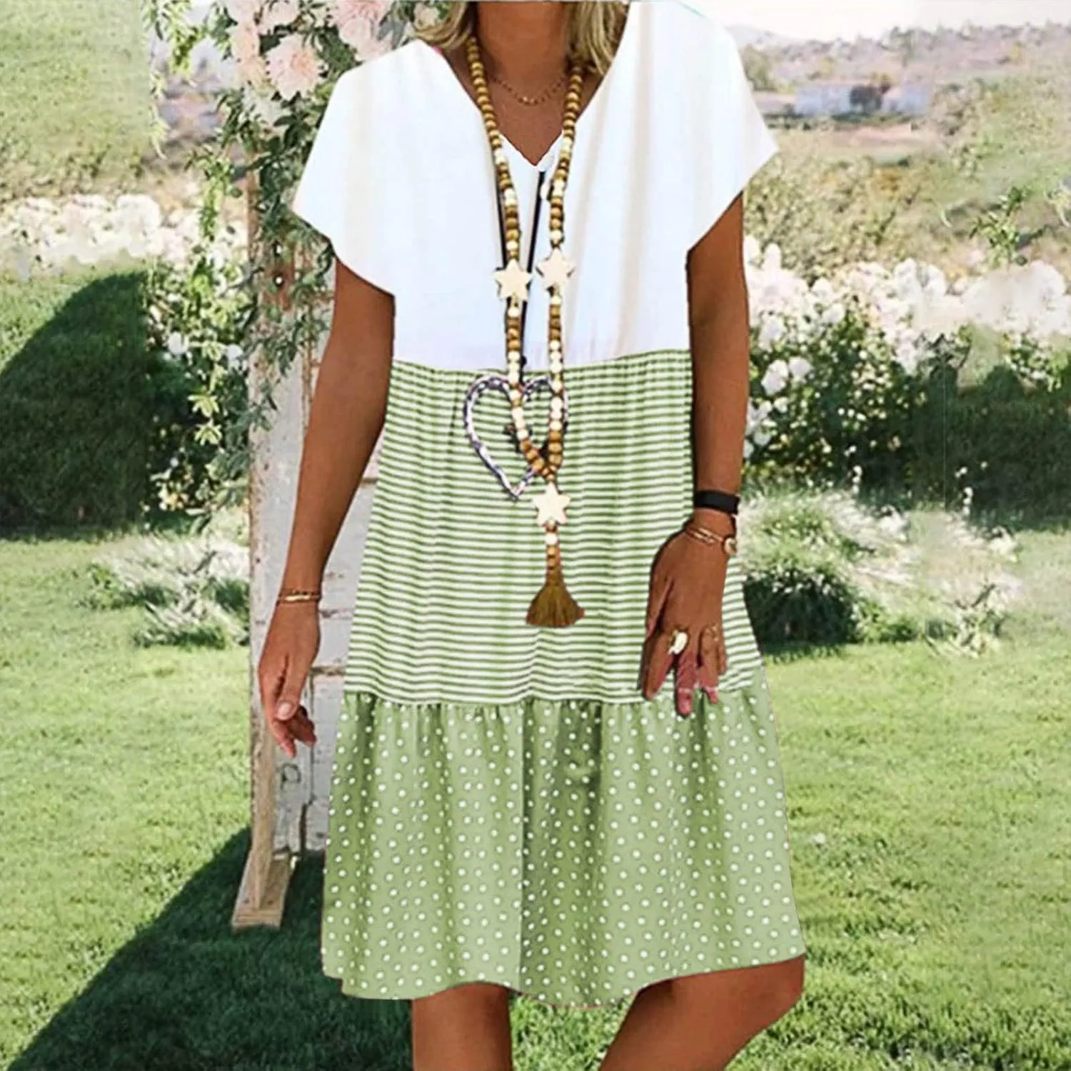 Summer Midi Dresses for Women Fashion 2024 Casual Short Sleeve v Neck Shirt Dress Color Block Swing Beach Sundresses