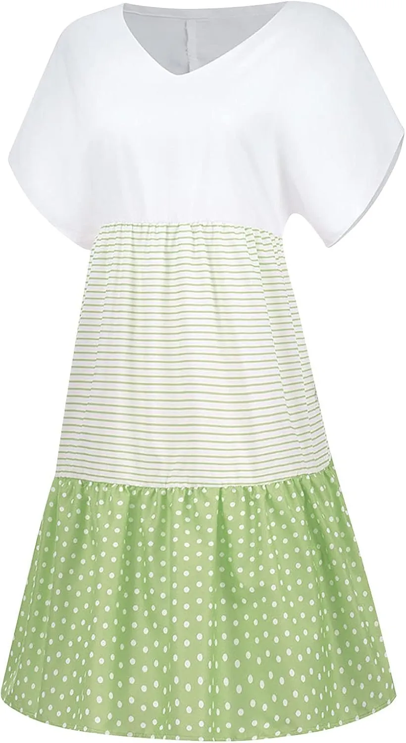 Summer Midi Dresses for Women Fashion 2024 Casual Short Sleeve v Neck Shirt Dress Color Block Swing Beach Sundresses