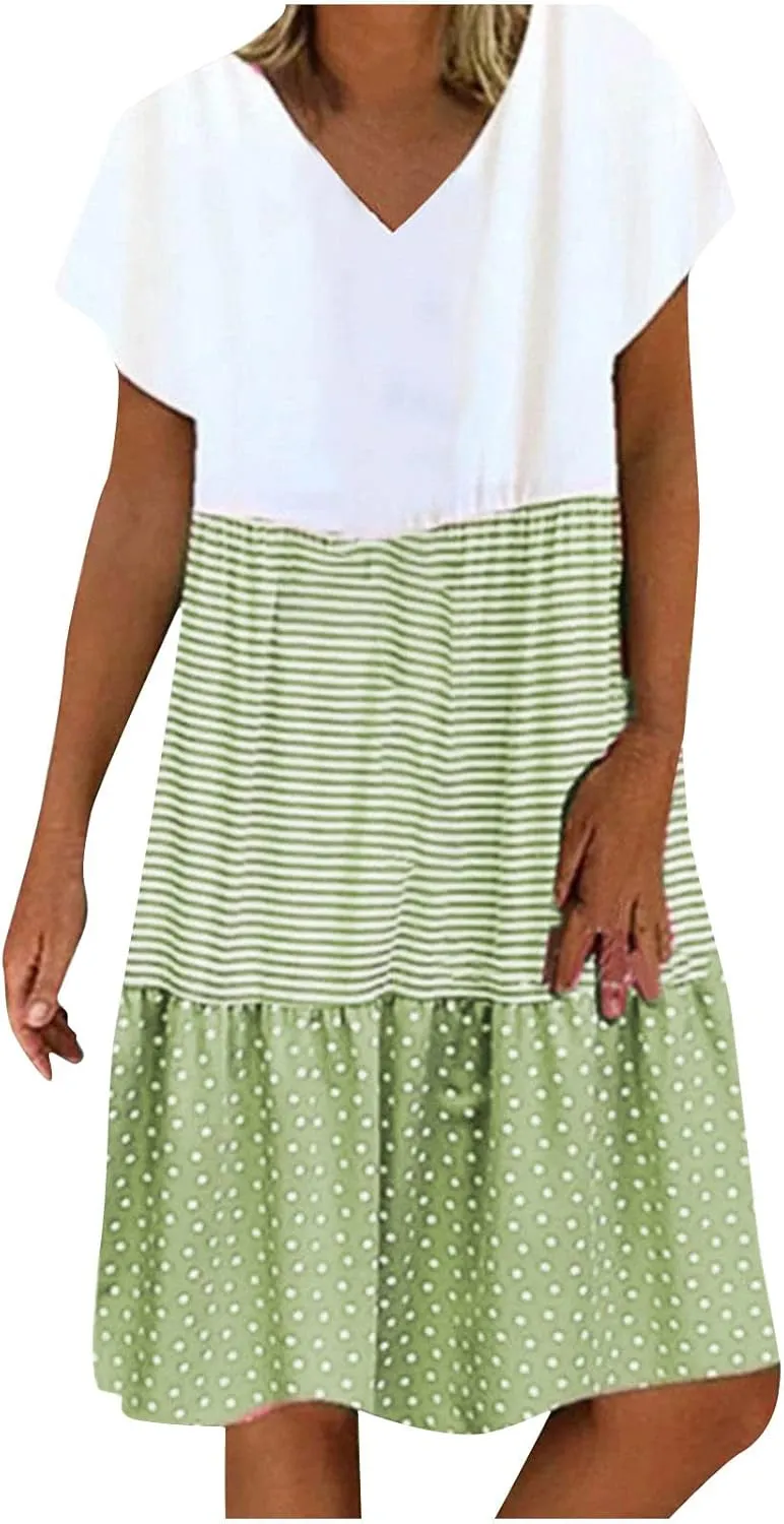 Summer Midi Dresses for Women Fashion 2024 Casual Short Sleeve v Neck Shirt Dress Color Block Swing Beach Sundresses