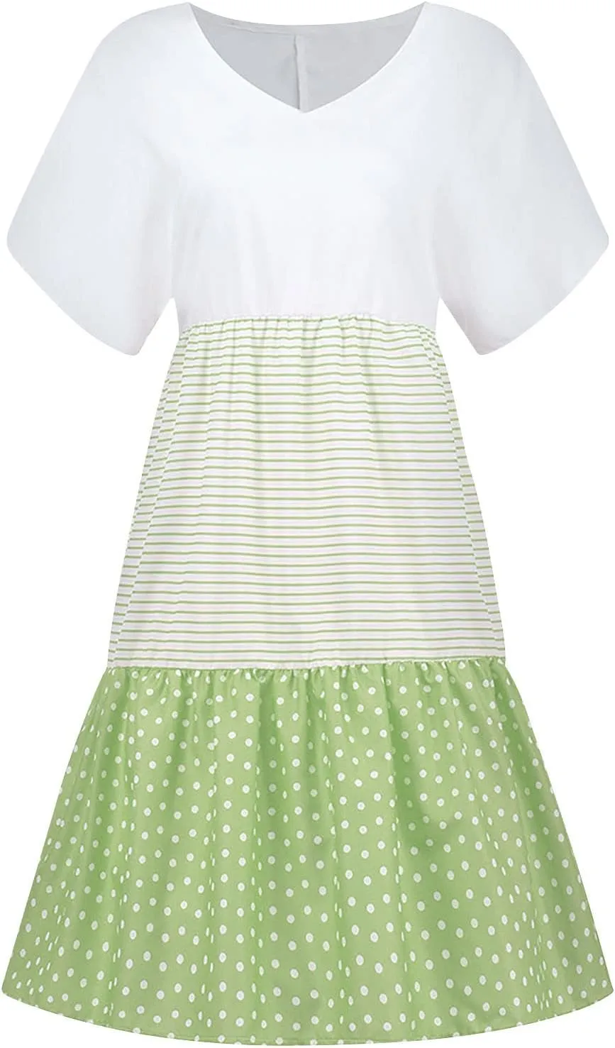 Summer Midi Dresses for Women Fashion 2024 Casual Short Sleeve v Neck Shirt Dress Color Block Swing Beach Sundresses