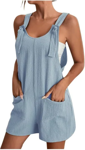 Summer Rompers for Women 2025 Plus Size Linen Overall Shorts Shortalls Adjustable Straps Short Bib Overalls Jumpsuits