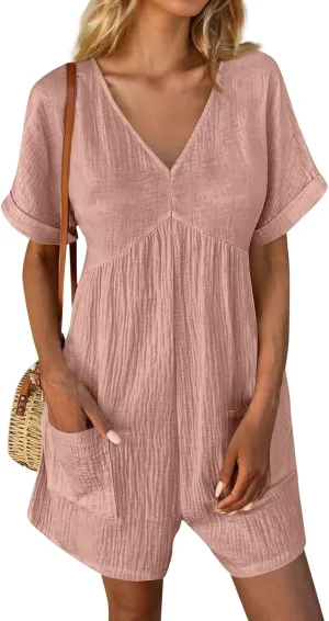 Summer Short Rompers for Women 2024 Casual Loose Short Sleeve Romper V Neck Cotton Linen Shorts Jumpsuit with Pockets
